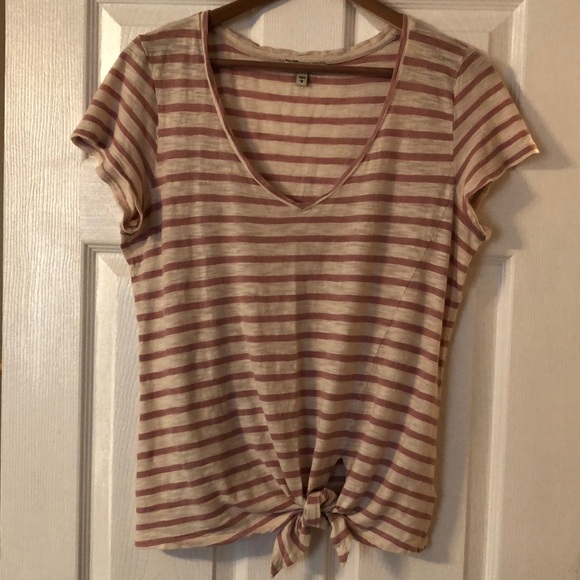 EXPRESS One Eleven Tie Front V-Neck Tee White | Pink Stripes - Picture 1 of 7